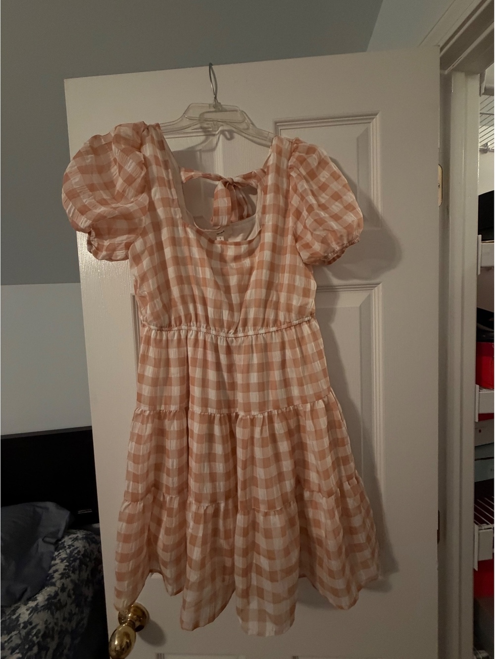 Mine Pink gingham puff sleeve dress -S